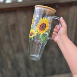 40 Oz Sunflower Theme Glass Tumbler With Straw